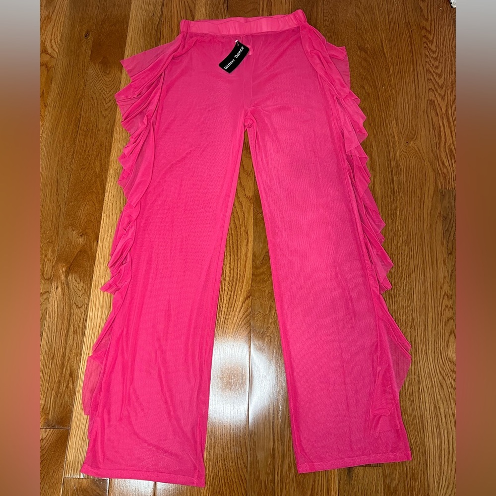 Sheer pink ruffled pants for concerts or bathing suit cover up